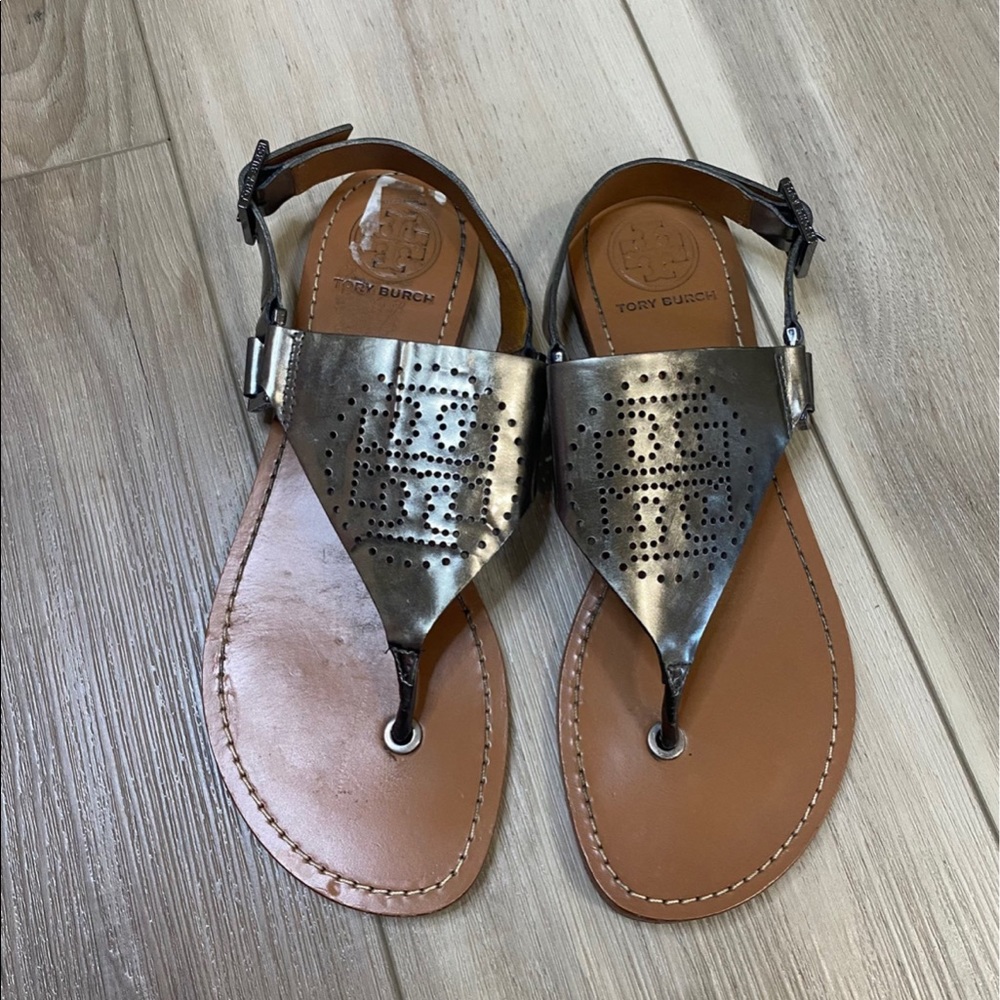 Tory Burch Metallic Gunmetal Leather Thong Sandals